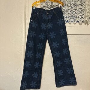 Dark Blue Floral Wide Leg Jeans
